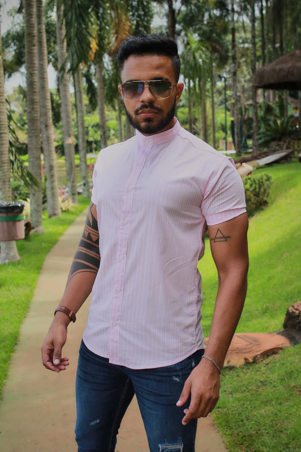 Camisa Slim Fit Ref 210 Gola Padre rosa - invictacamisaria